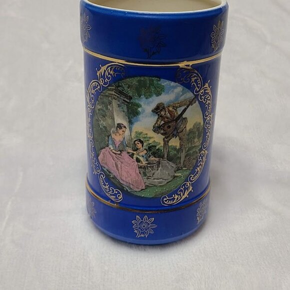 Enesco Cobalt Blue Painted Art Vase Jar Victorian Mandolin Serenade Gold Trim - Picture 13 of 13